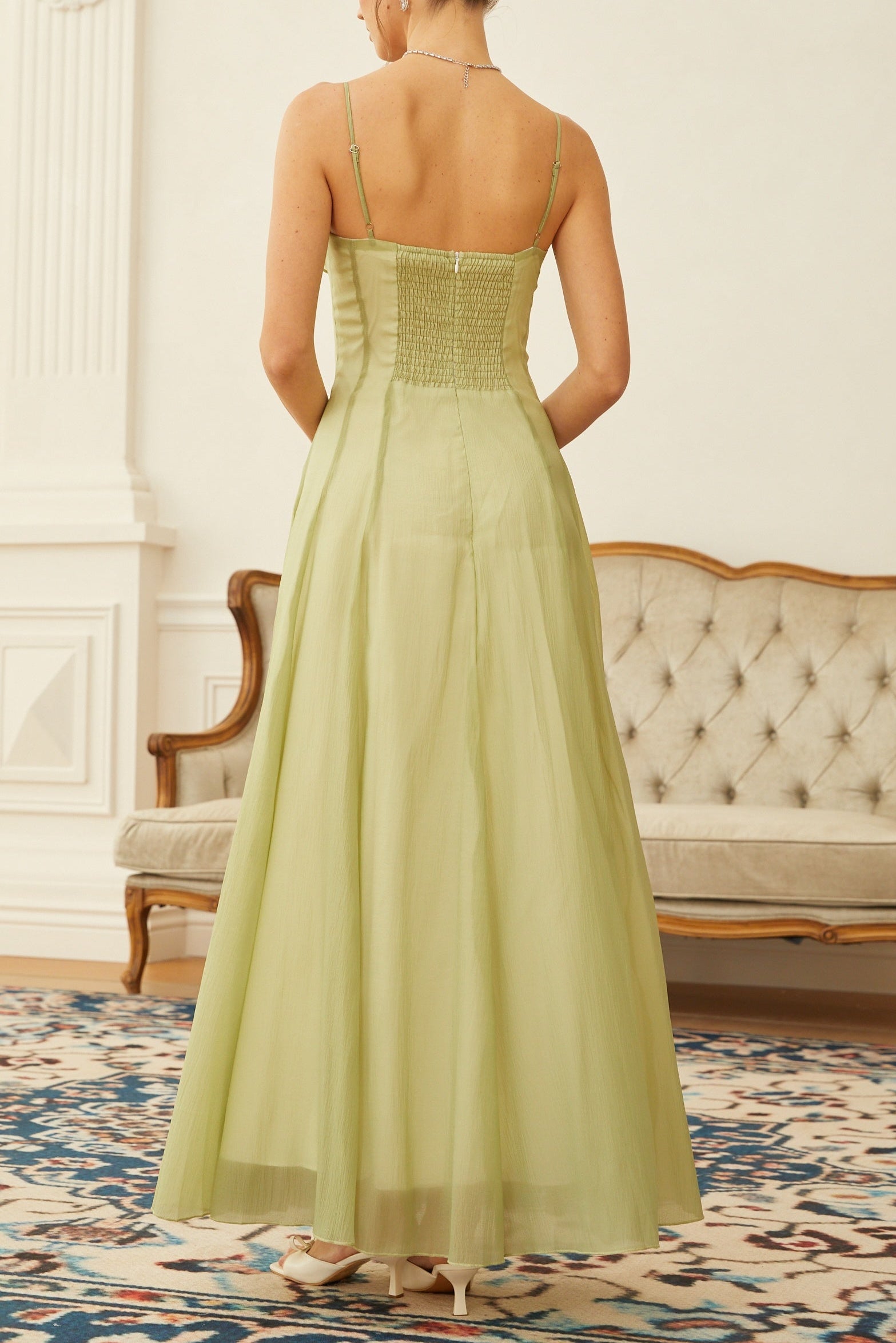 Matcha Ruffled Shirred Tulle Maxi Dress Avalabel