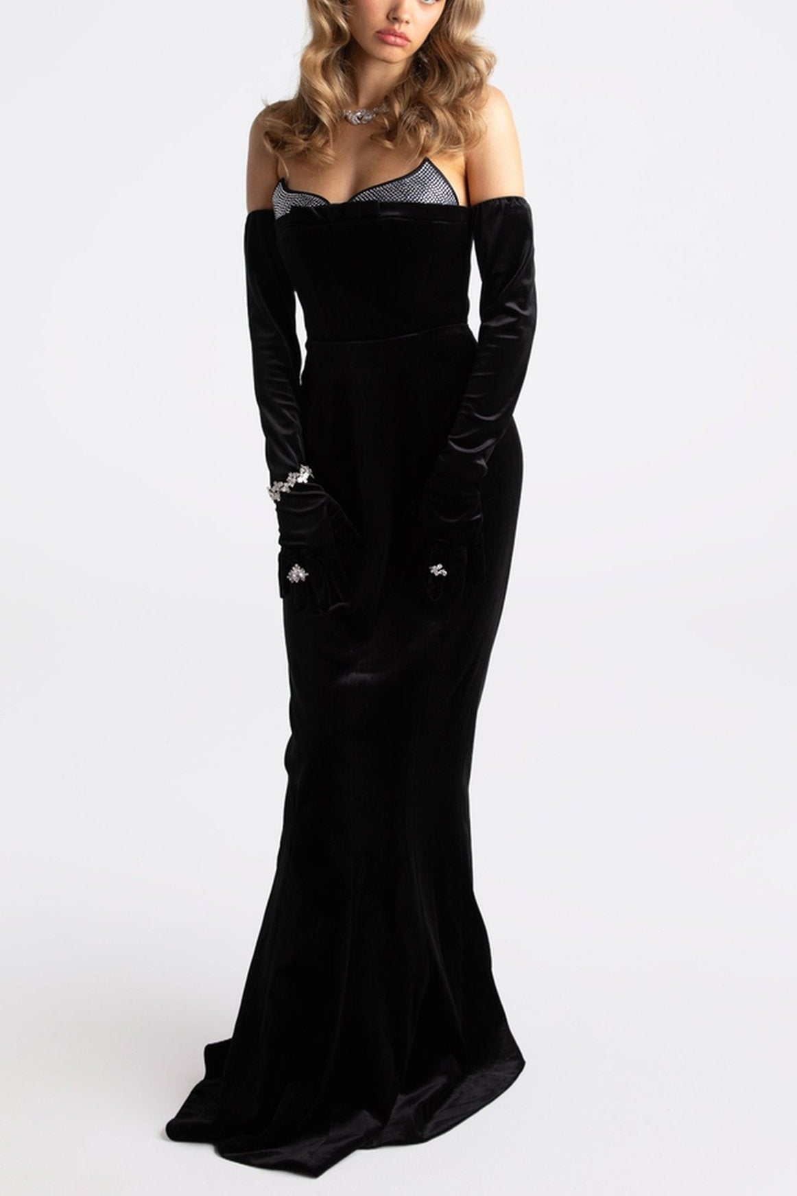 Ellen High Slit Velvet Strapless Maxi Dress in Black Avalabel