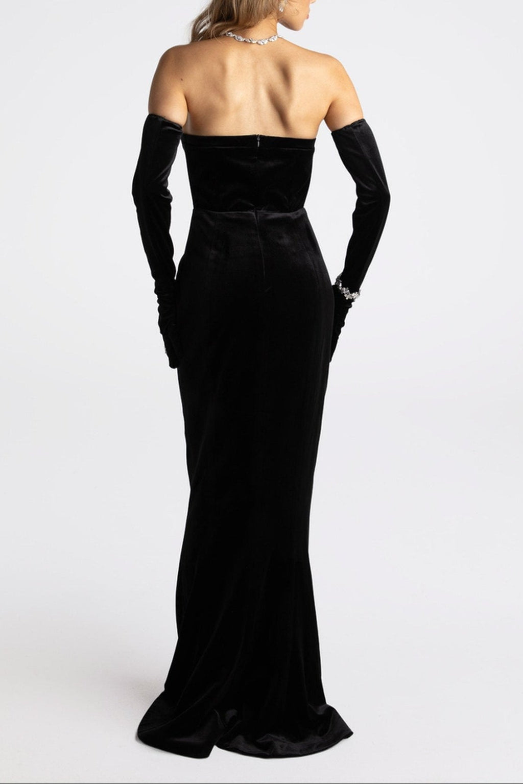 Ellen High Slit Velvet Strapless Maxi Dress in Black Avalabel
