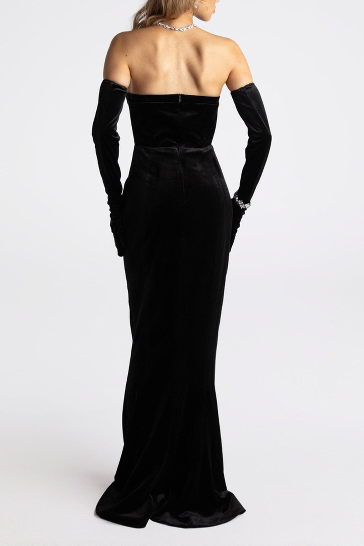 Ellen High Slit Velvet Strapless Maxi Dress in Black Avalabel