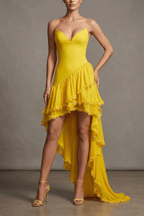 Janis Yellow Strapless Pearl Trim Ruffle Dress Avalabel