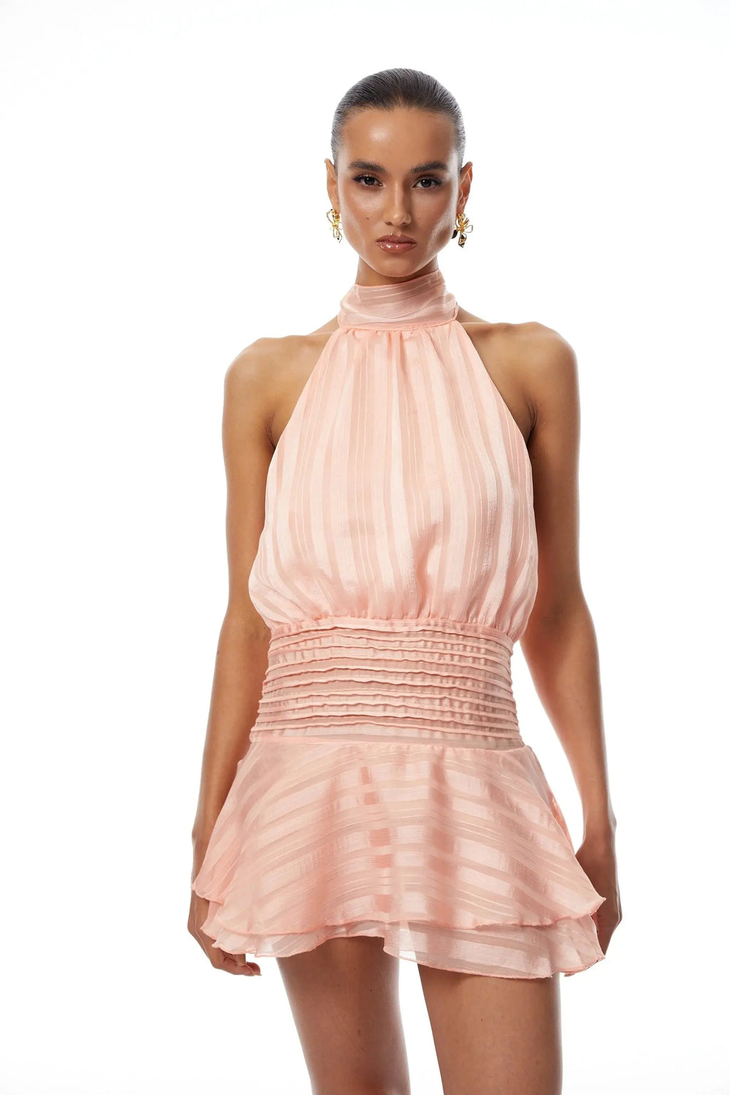 jane Halterneck Pleated Chiffon Mini Dress in pink Avalabel