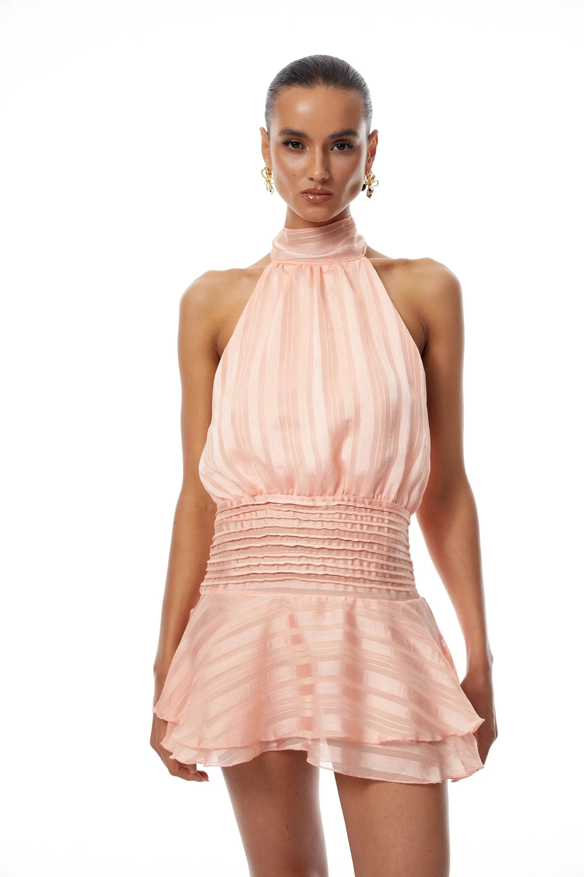 jane Halterneck Pleated Chiffon Mini Dress in pink Avalabel