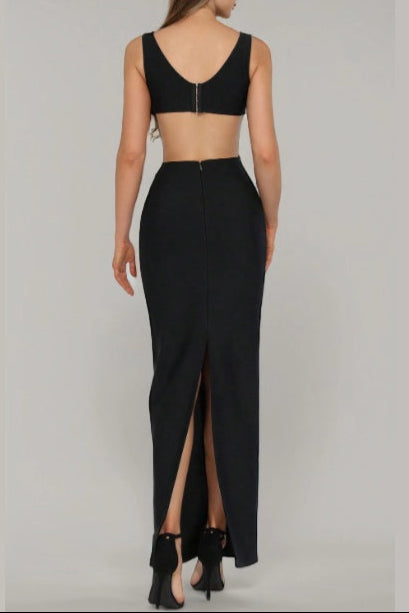 Flower V-Neck Hollow Out Maxi Dress in Black Avalabel