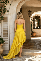 Janis Yellow Strapless Pearl Trim Ruffle Dress Avalabel