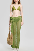 Elara Green Halter Triangle Knit Wrap 3 Piece Cover Up Swimsuit Avalabel