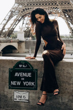 jacqueline Turtleneck Long Sleeve Cutout bodycon Gown in brown Avalabel