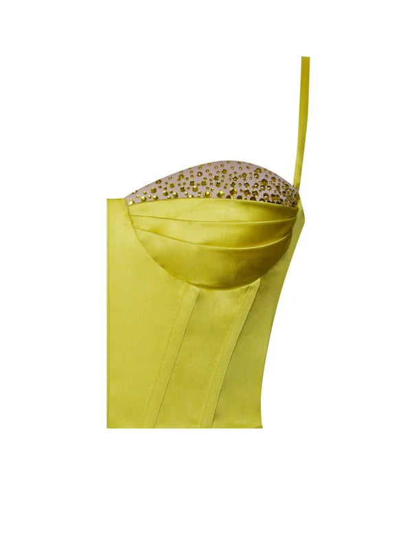 Lemon Yellow Pleated Satin Mini Dress Avalabel