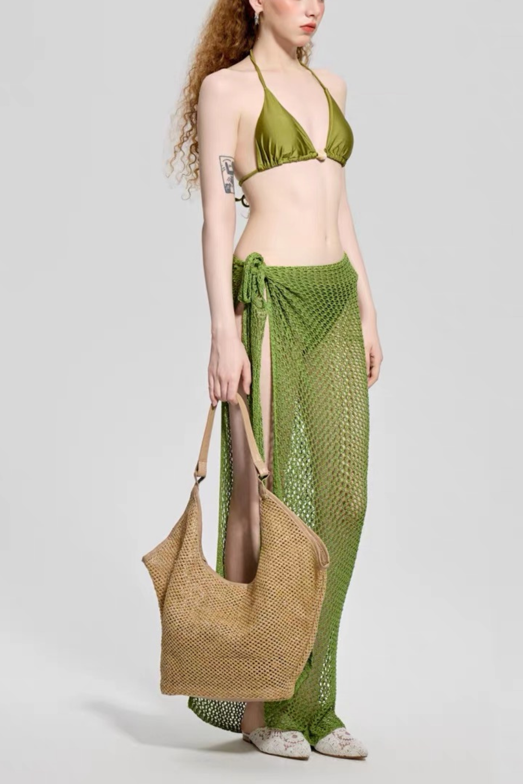 Elara Green Halter Triangle Knit Wrap 3 Piece Cover Up Swimsuit Avalabel
