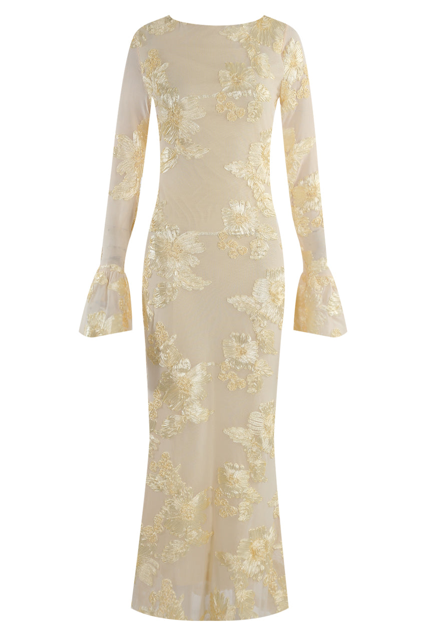 Floral Lace Lined Flute Cuffs Midi Dress Soraya