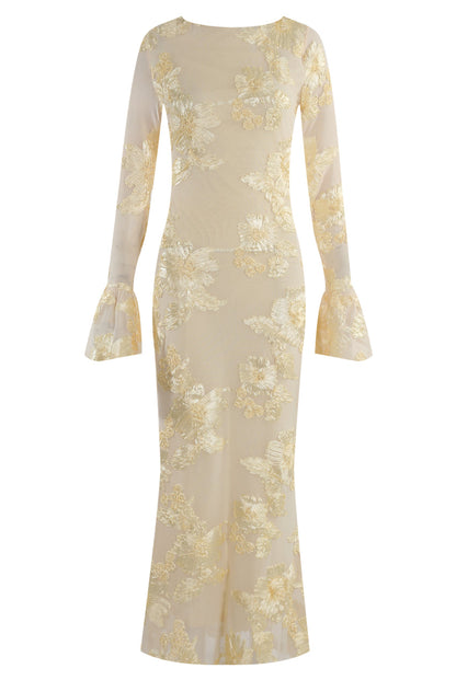 Floral Lace Lined Flute Cuffs Midi Dress