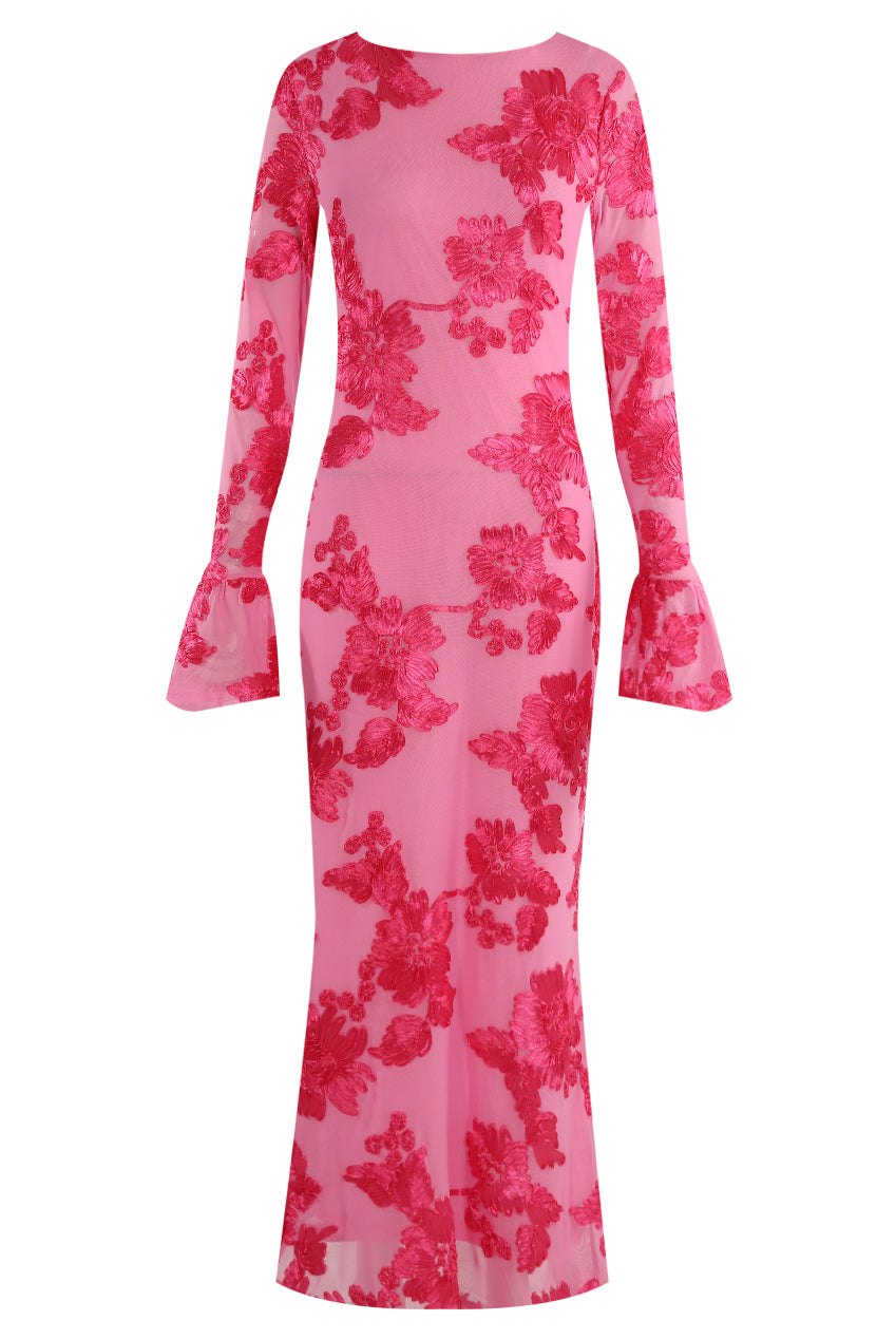 Floral Lace Lined Flute Cuffs Midi Dress Soraya