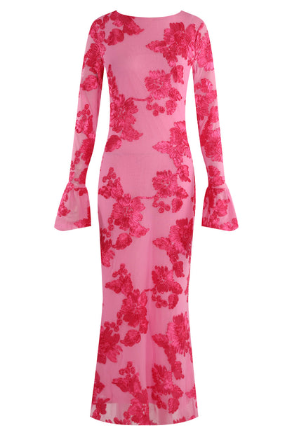 Floral Lace Lined Flute Cuffs Midi Dress