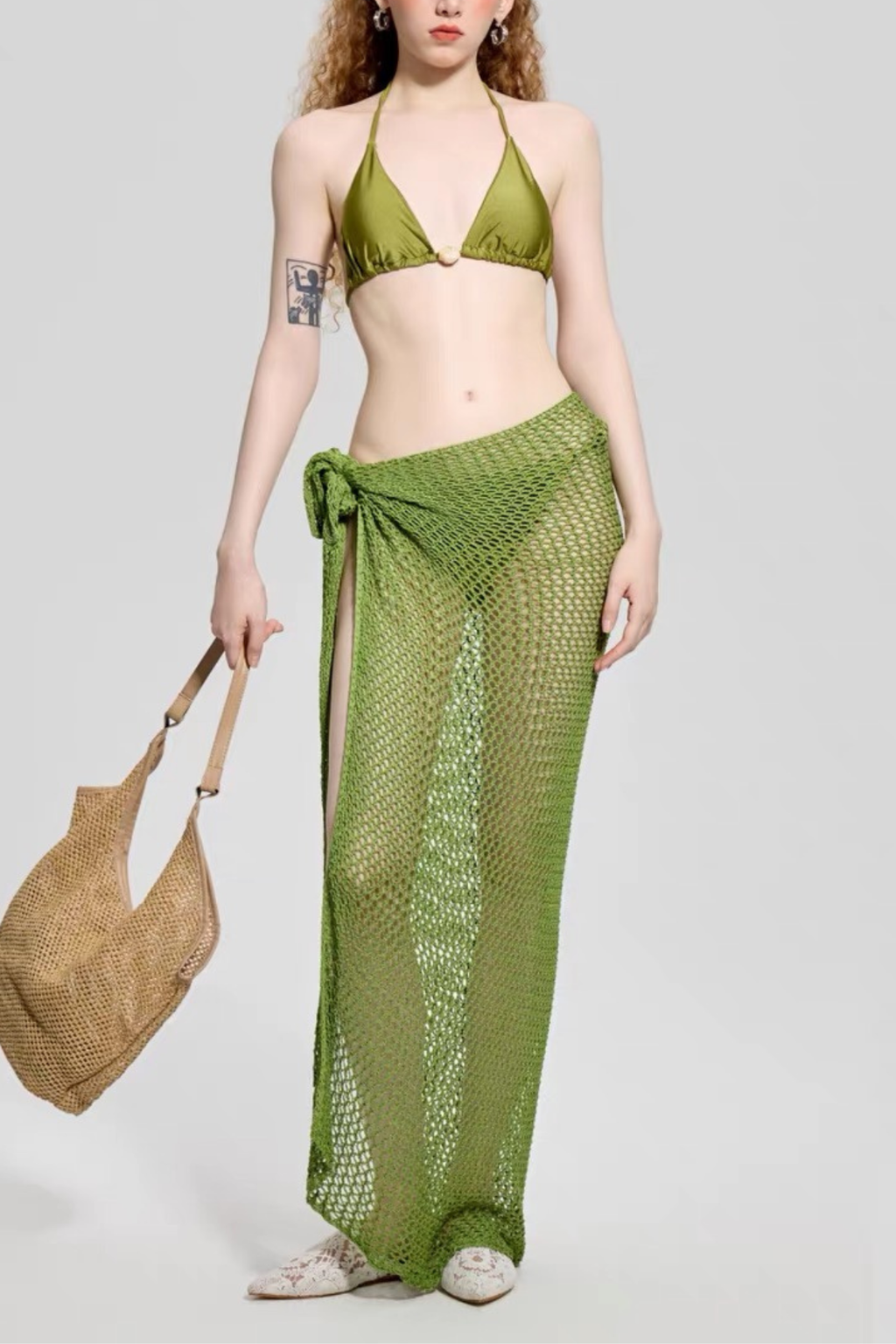 Elara Green Halter Triangle Knit Wrap 3 Piece Cover Up Swimsuit Avalabel