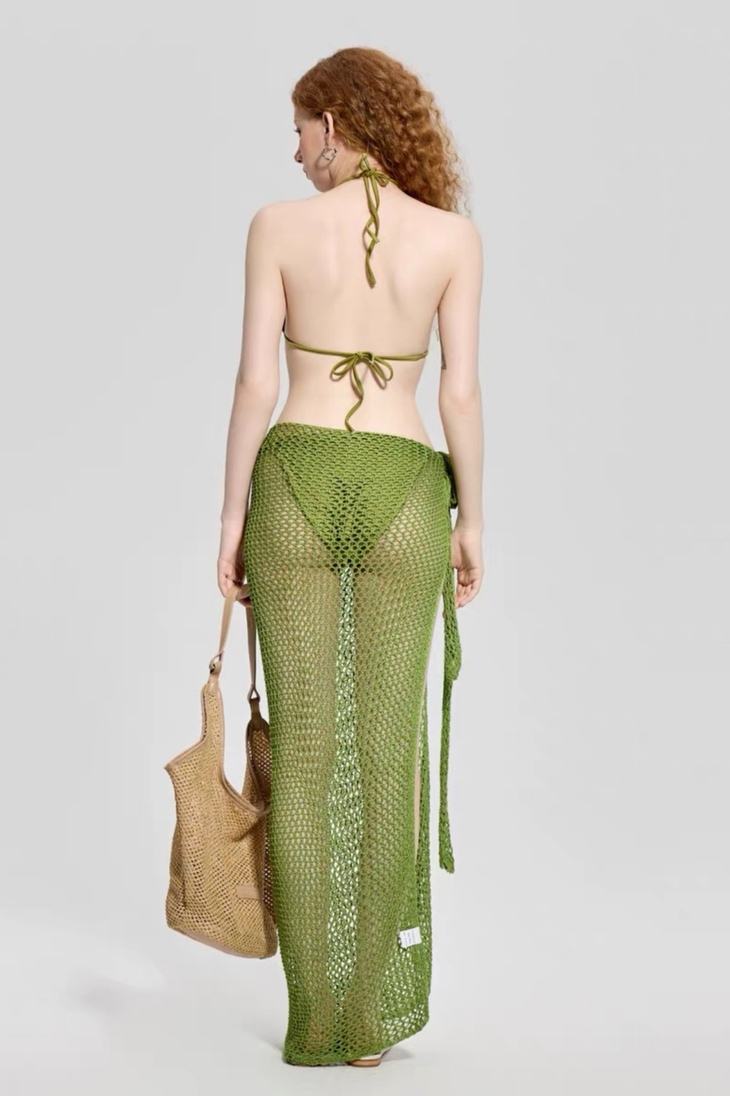 Elara Green Halter Triangle Knit Wrap 3 Piece Cover Up Swimsuit Avalabel