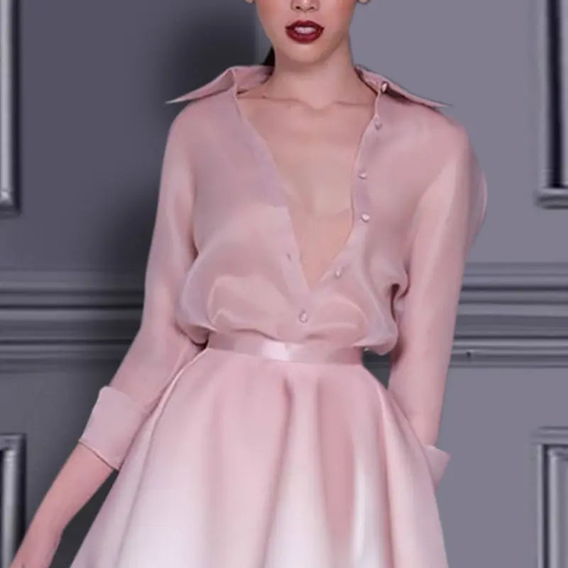 roberta pink long sleeve silk shirt mini skirt set Avalabel
