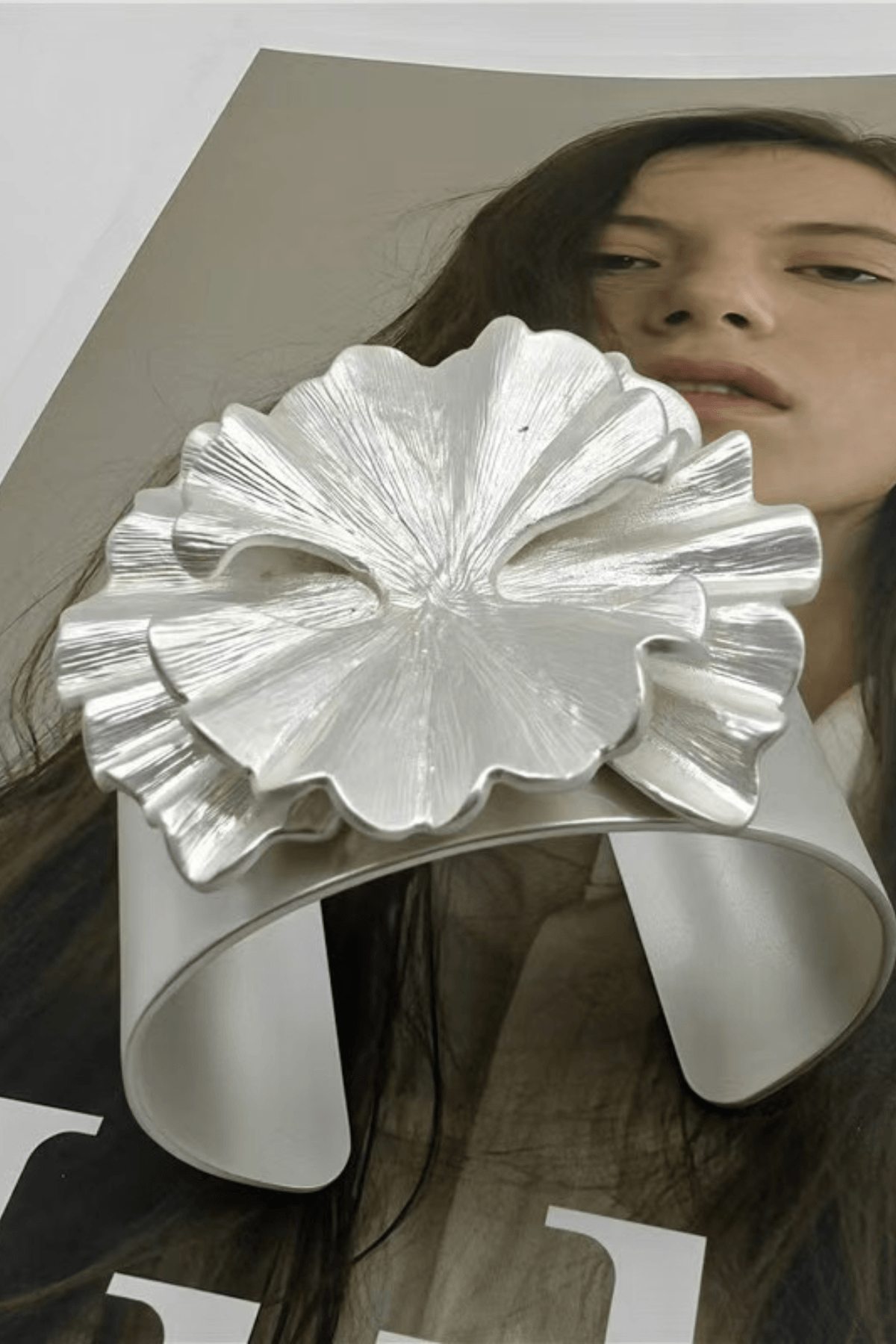 Silver 3D Floral Wide Open Cuff Bracelet Avalabel