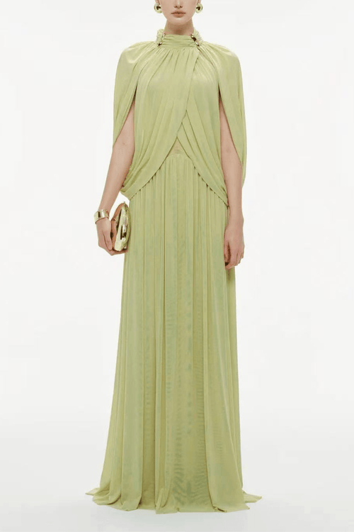 Alice Green Cape Sleeve Pleated Maxi Dress Avalabel