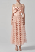 Riva Pink Bow Corset Tiered Tulle Midi Dress Avalabel