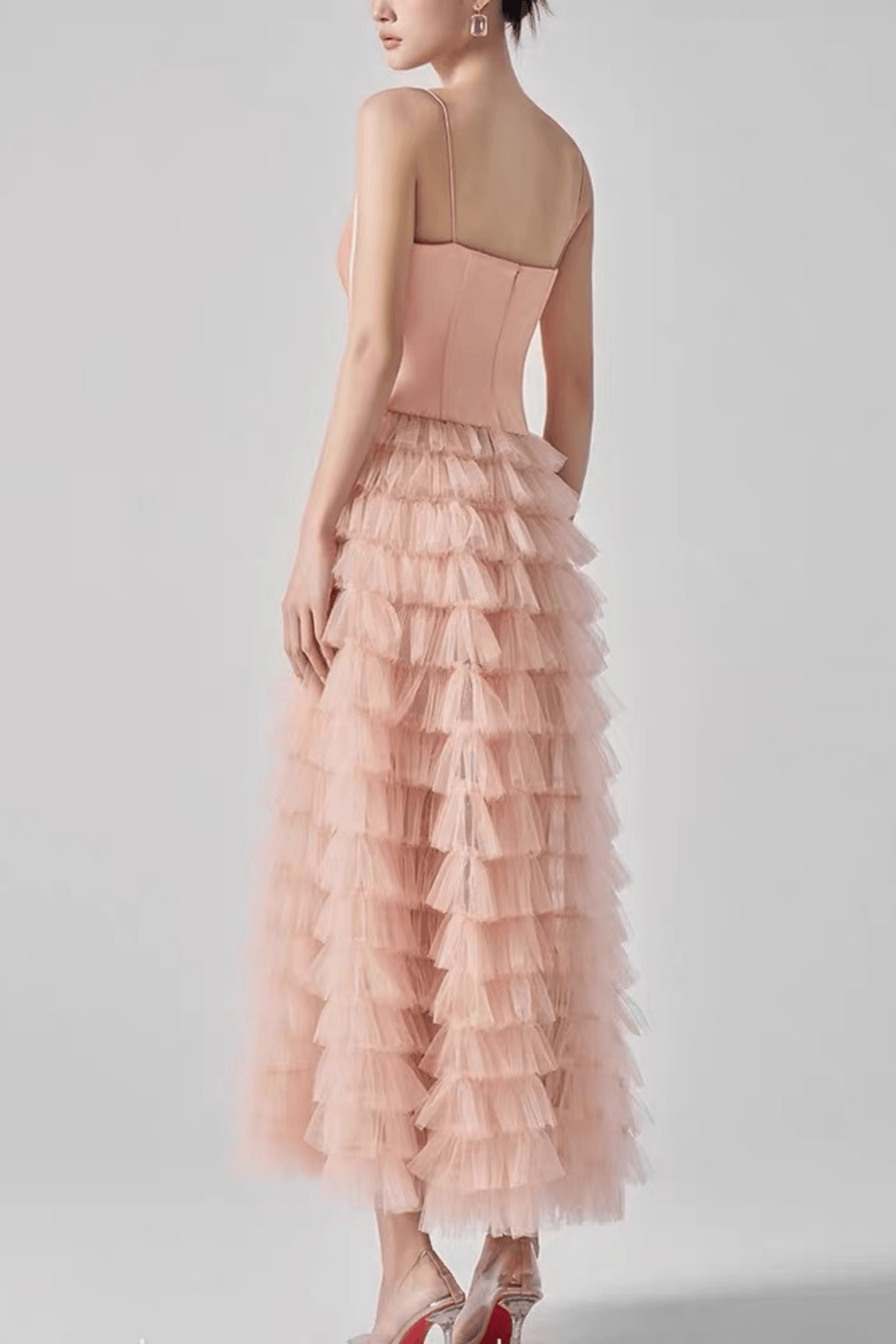 Riva Pink Bow Corset Tiered Tulle Midi Dress Avalabel
