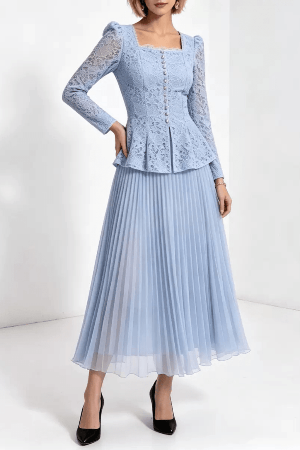 Lucy Lace Peplum Top and Pleated Skirt Two Piece Set Avalabel