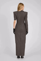 Joyce Gray Lace Detail Long Sleeve Slit Maxi Dress Avalabel