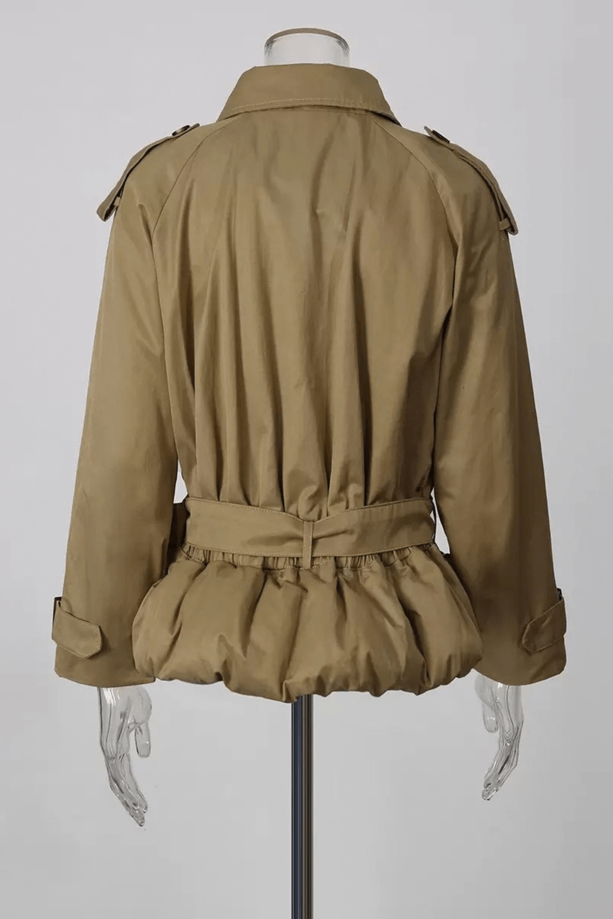 Brett Khaki High Collar Belted Peplum Jacket Avalabel