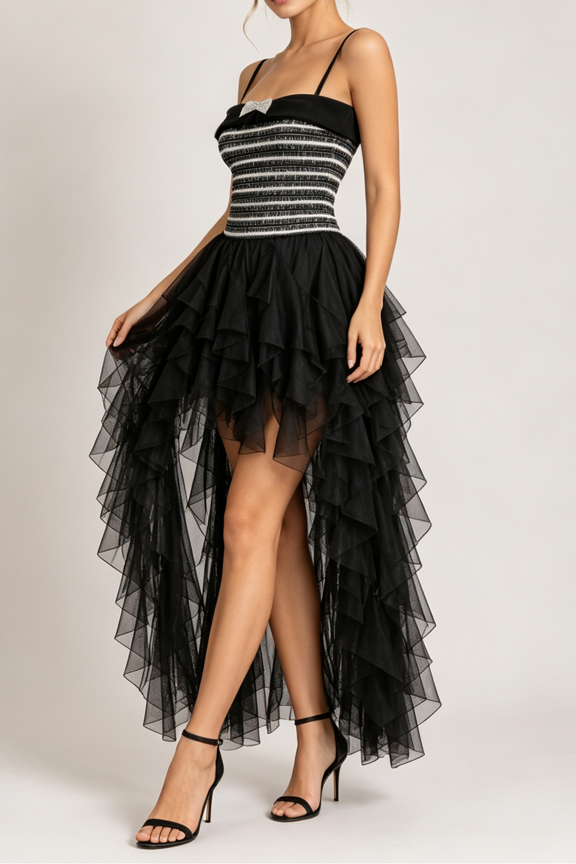 Rhinestone Bow Tweed Top & High-Low Ruffle Tulle Skirt Two-Piece Set Avalabel