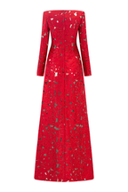 Rhinestone Boat Neck Floral Hollow Lasercut Maxi Dress - Red Avalabel