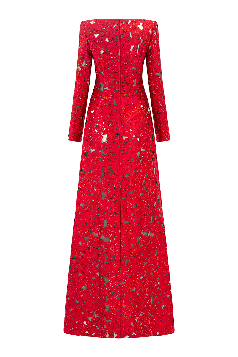 Rhinestone Boat Neck Floral Hollow Lasercut Maxi Dress - Red Avalabel