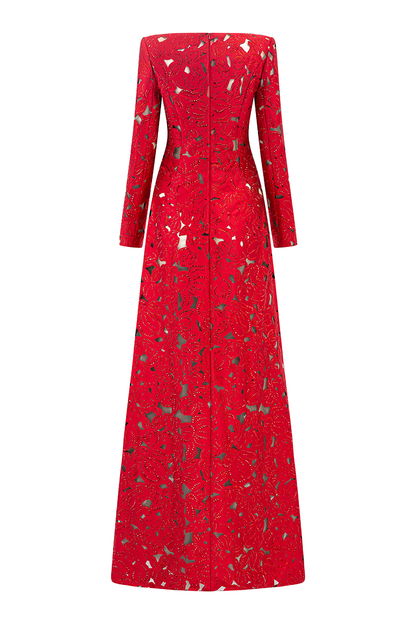 Rhinestone Boat Neck Floral Hollow Lasercut Maxi Dress - Red