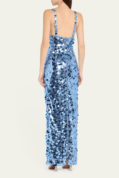 Zoey Blue Sequin V-Neck Spaghetti Strap Maxi Dress