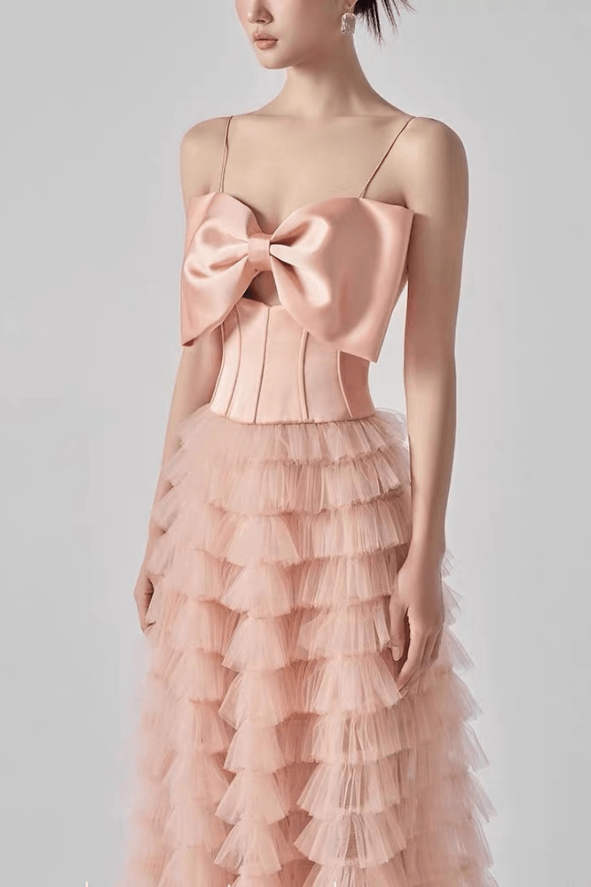 Riva Pink Bow Corset Tiered Tulle Midi Dress Avalabel