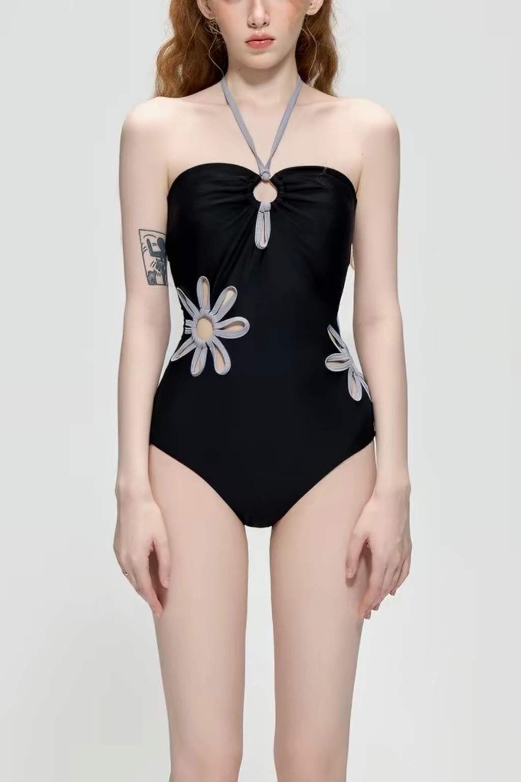 Gillis Black Grey Cutout Floral Halter One Piece Swimsuit Avalabel