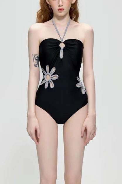 Gillis Black Grey Cutout Floral Halter One Piece Swimsuit Avalabel