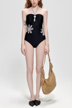 Gillis Black Grey Cutout Floral Halter One Piece Swimsuit Avalabel