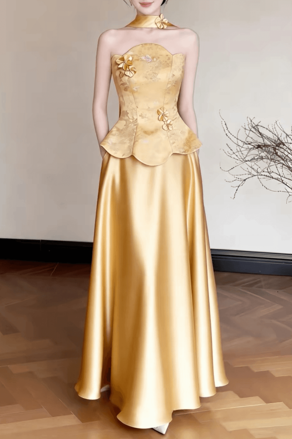 Sally Gold Floral Satin Halter Maxi Dress Avalabel