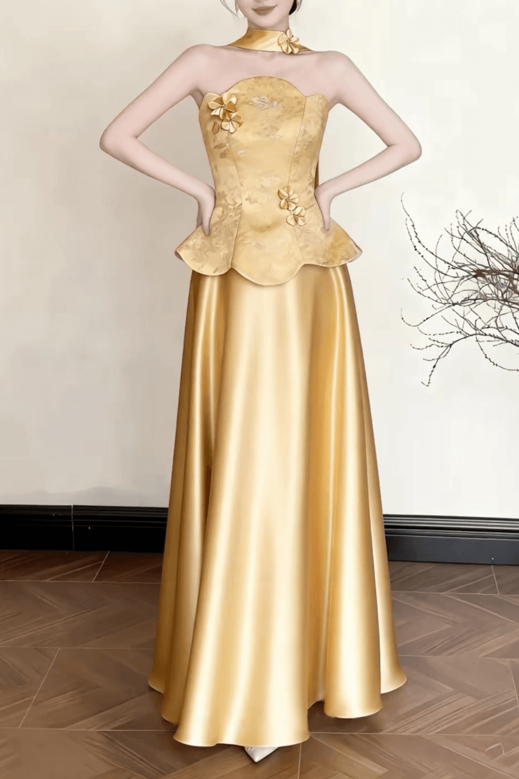 Sally Gold Floral Satin Halter Maxi Dress Avalabel