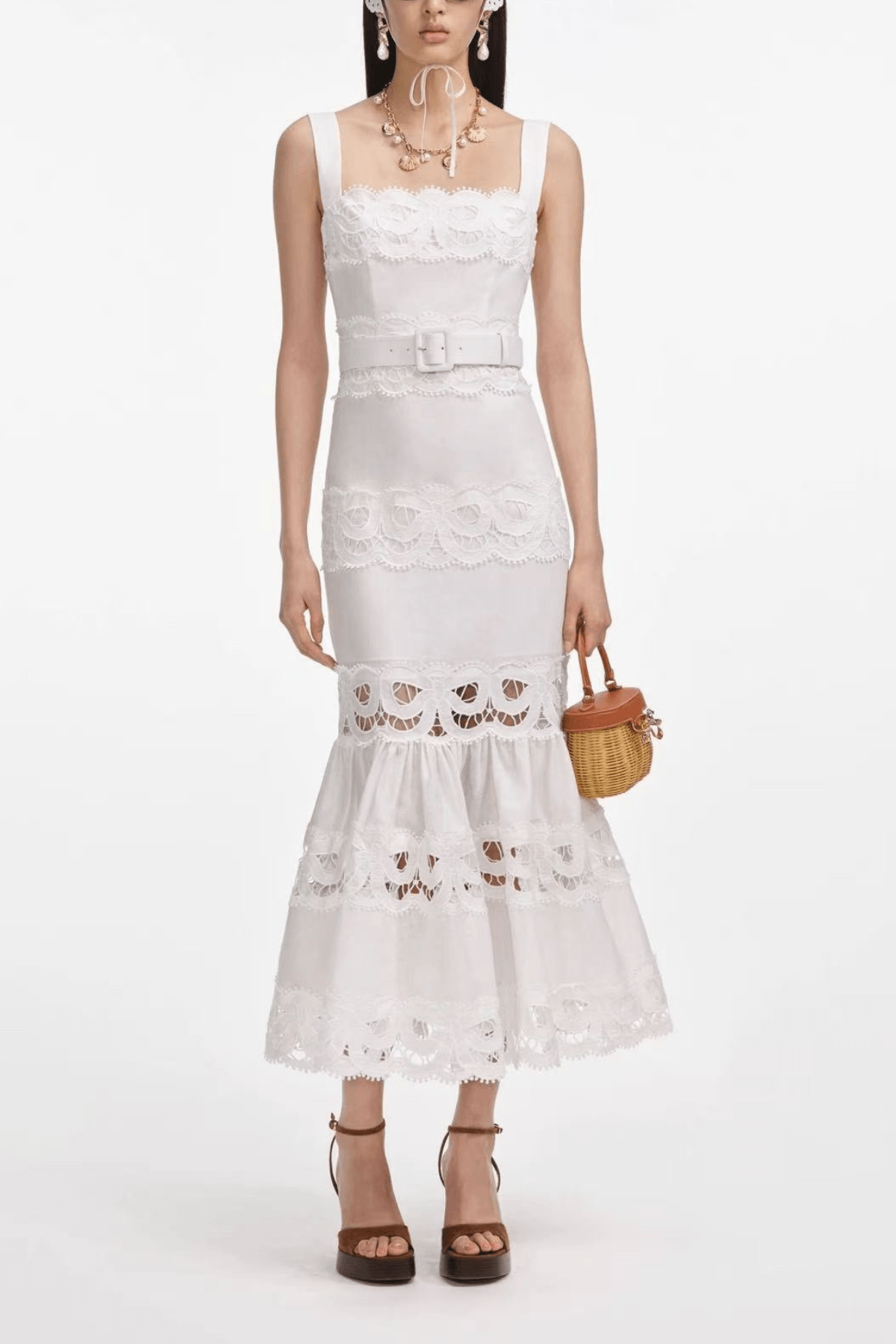 Lily White Lace Tiered Midi Dress Avalabel