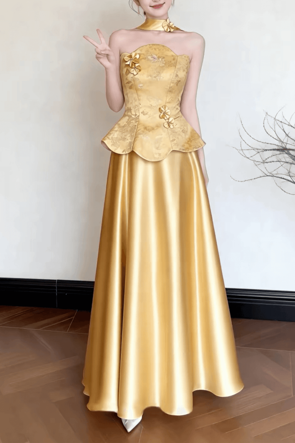 Sally Gold Floral Satin Halter Maxi Dress Avalabel
