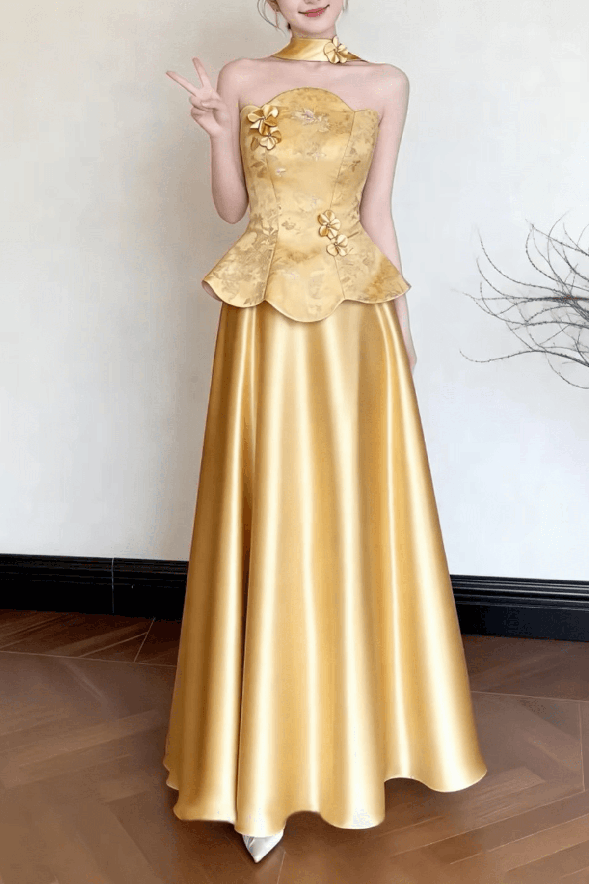 Sally Gold Floral Satin Halter Maxi Dress Avalabel