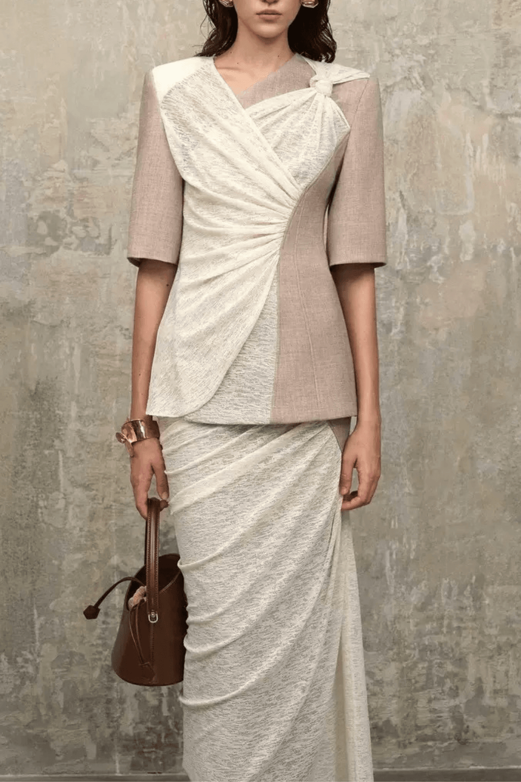 Sandra Color Block Fake Two‑Piece Wrap Midi Dress Avalabel