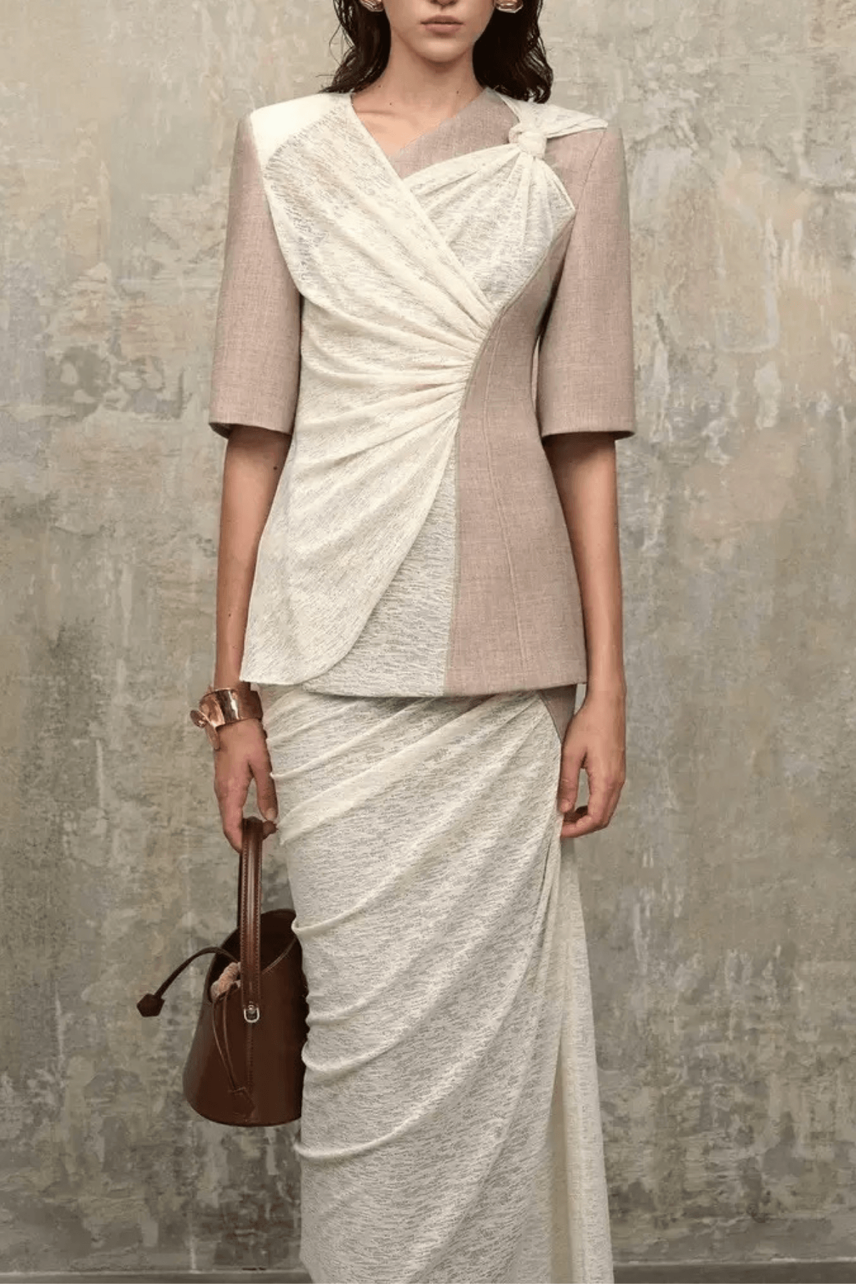 Sandra Color Block Fake Two‑Piece Wrap Midi Dress Avalabel