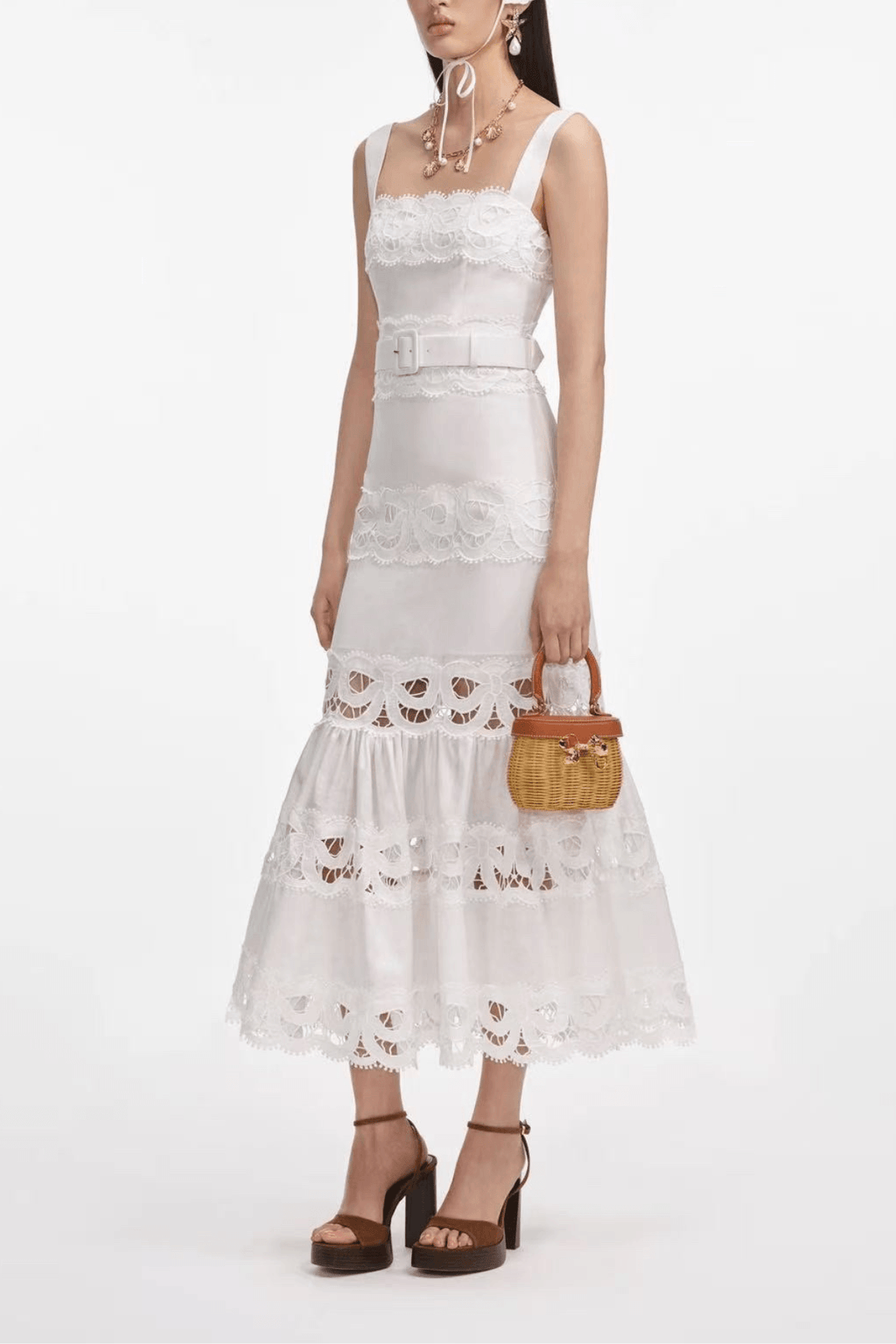 Lily White Lace Tiered Midi Dress Avalabel