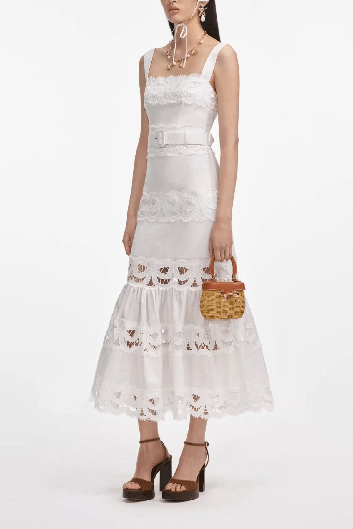 Lily White Lace Tiered Midi Dress Avalabel
