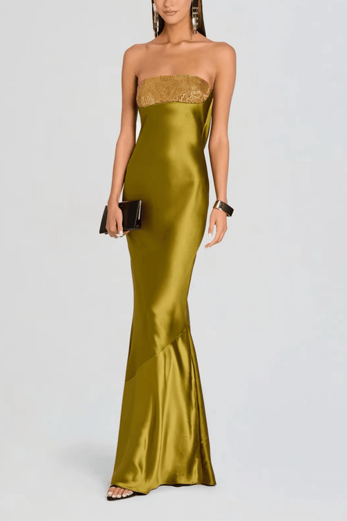 Alice Satin Strapless Beaded Mermaid Maxi Dress Avalabel