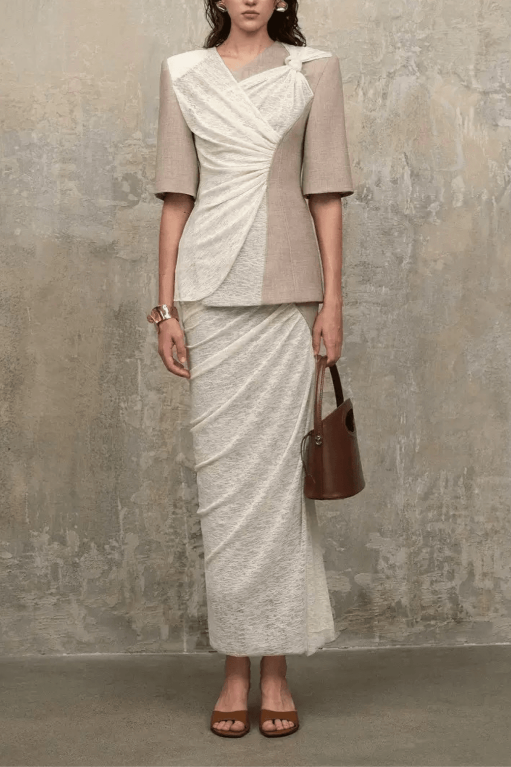Sandra Color Block Fake Two‑Piece Wrap Midi Dress Avalabel