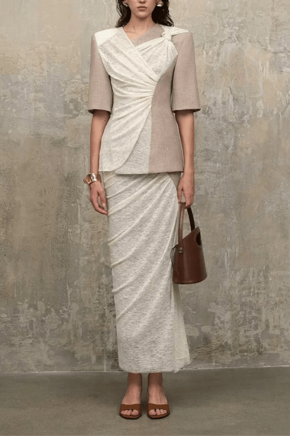 Sandra Color Block Fake Two‑Piece Wrap Midi Dress Avalabel
