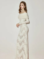 julia Off-Shoulder Fur Collar Long Sleeve lace maxi dress in white Avalabel