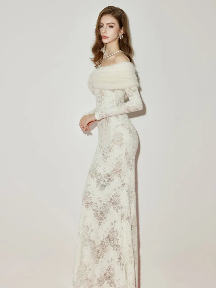 julia Off-Shoulder Fur Collar Long Sleeve lace maxi dress in white Avalabel
